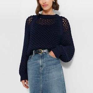 TUCKERNUCK Crochet Open Knit Jules Navy Blue Fisheman Sweater M